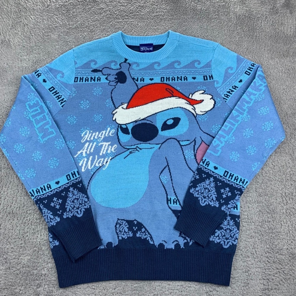 Disney Mens Stitch Holiday Sweater  Small Blue Ohana Mele Kalikimaka Jingle Knit
